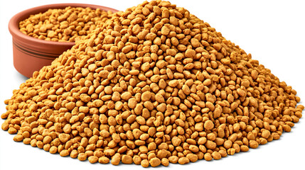 Fototapeta premium A large pile of organic whole fenugreek seeds in a small bowl isolated on a white background with fenugreek