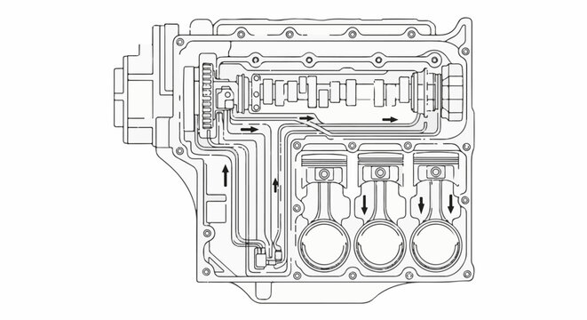 Schematic cross-section of a complex internal combustion engine mechanism