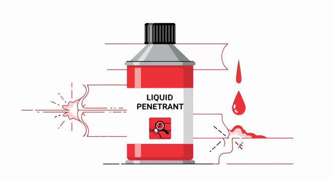 Red can with "LIQUID PENETRANT" label and magnifying glass logo, showing cracks and drips