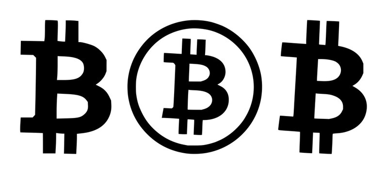 Bitcoin set with flat solid black icon on white background featuring cryptocurrency, digital currency, coin symbol with design and vector