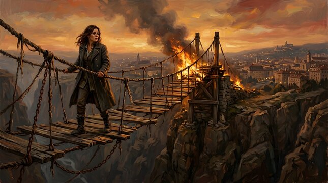 Woman crossing destroyed bridge towards burning city at sunset