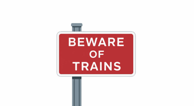 Red sign with white text "BEWARE OF TRAINS" on a pole