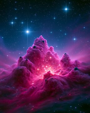 Pink nebula in the Small Magellanic Cloud with glowing star cluster