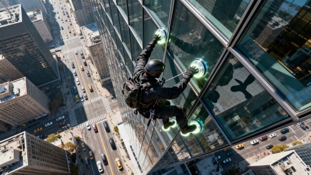 Person in a futuristic suit flying down the side of a glass skyscraper