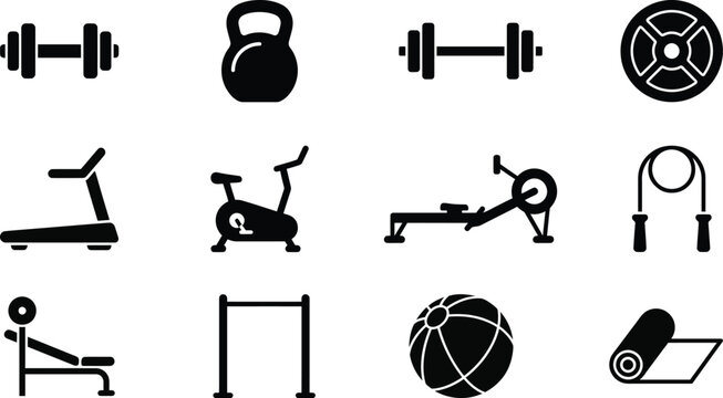 Black icons of various gym equipment and exercise machines isolated on white background, Vector