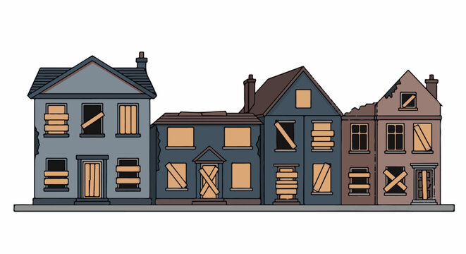 Row of boarded-up, abandoned houses in a street
