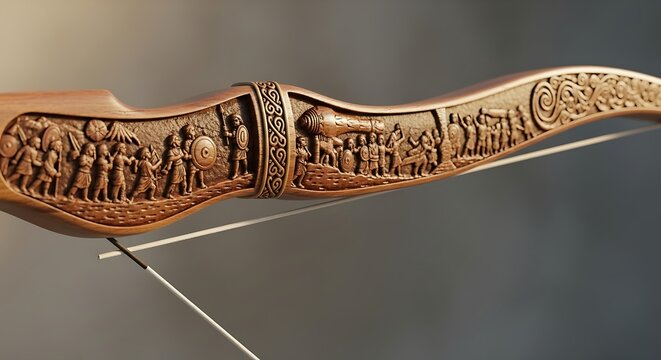 Detailed wood carving on a traditional recurve bow depicting historical warriors and intricate patterns