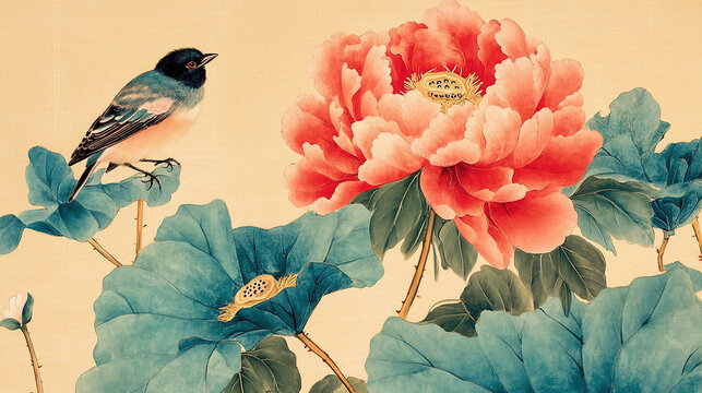 Macro shot red peonies among green foliage blue lotuses with gold foil effect pale yellow backdrop clean lines bird resting near flowers Chinese gongbi style tranquil classical beauty