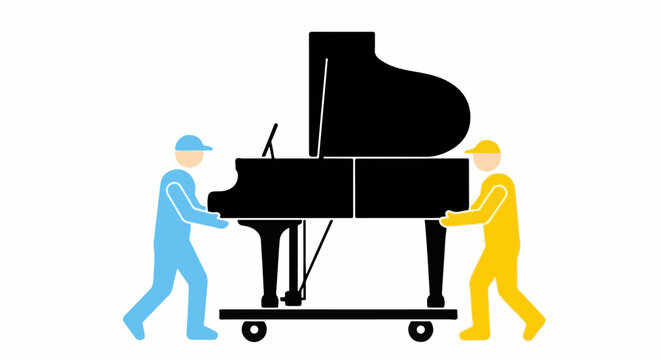 Movers in uniform transporting a black grand piano on a dolly