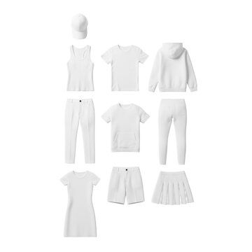 a comprehensive flat lay collection of blank white apparel templates, featuring realistic textures, front and back views, and zero shadows on a sterile white background, conveying commercial mock-up