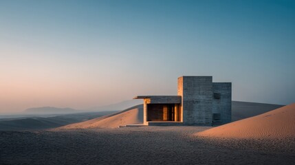 Fototapeta premium Modern concrete house stands isolated in vast desert sands under a clear sky at sunset.