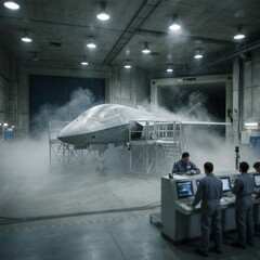 Engineers testing futuristic aircraft prototype in industrial hangar © Ratul Sorker