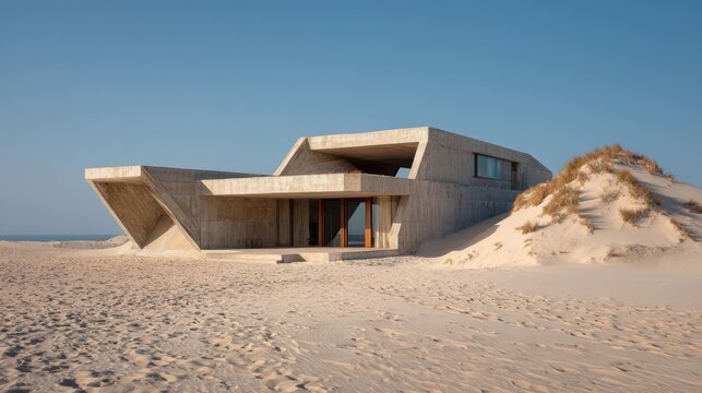Modern concrete beach house built into sandy dunes under clear blue sky.