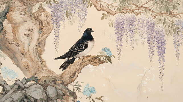 Chinese art black white pigeon on ancient branch purple wisteria blue flowers rock pink yellow green clusters fine carving light beige ground colored ink technique high def rich detail