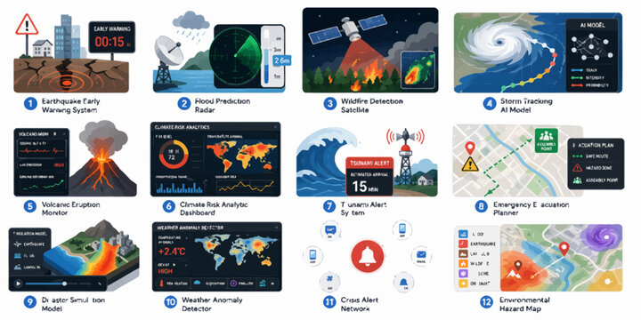 The image displays a collection of various infographics and data visualizations related to weather, climate, and geography on a digital screen interface image-100.ai