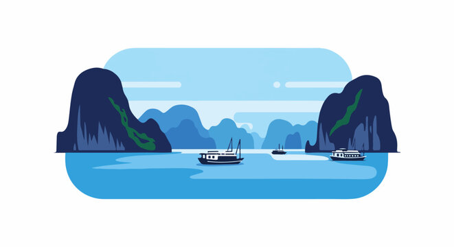 Serene bay with limestone karsts and boats under a light blue sky