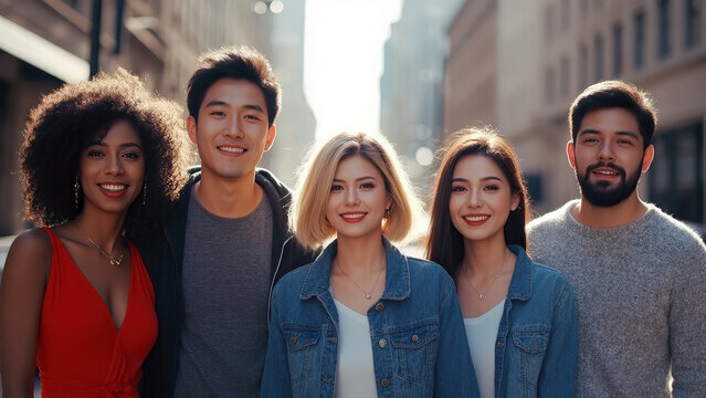 Group of five young adults on a city street for community banner and social media background design