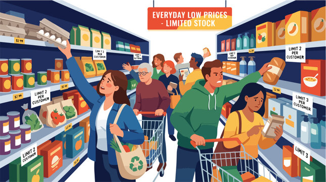 Grocery Shopping Chaos Limited Stock Inflation Struggle People Panic Buying Supermarket Aisle Food Shortages