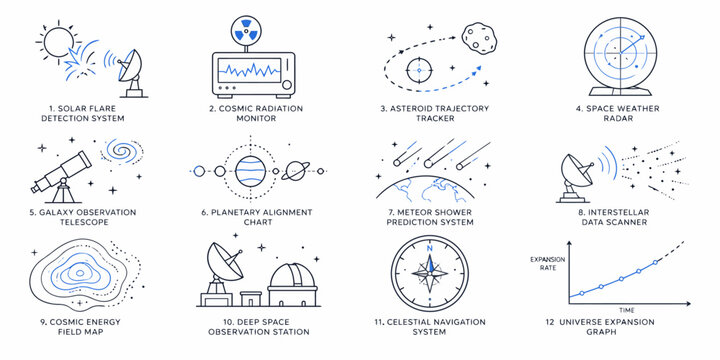 An illustration showcasing various astronomy and space exploration related icons and symbols in a graphic design.