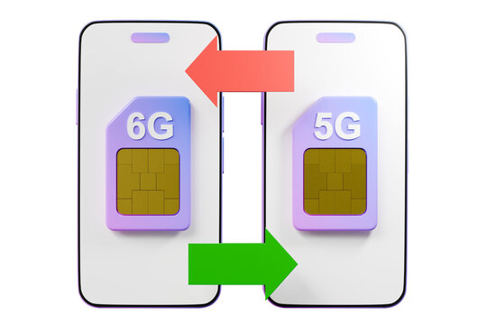 3d 5G to 6G mobile network upgrade icon. smartphone SIM card migration concept. dual phones with smart cards, arrows and gear. isolated on white transparent background. 3d render.
