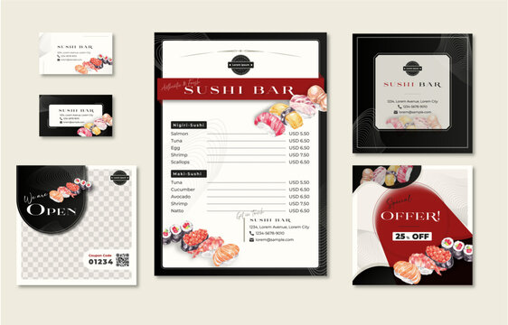 template bundle for Sushi restaurant for menu price list, social media post, business card, banner, with hand-painted watercolor illustration