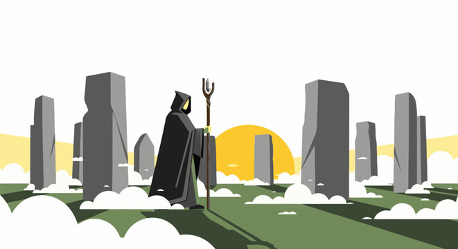 Mysterious robed figure stands before ancient stone monoliths at sunset
