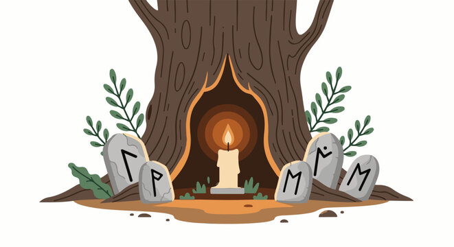 Mystical ancient tree hollow with a candle and runestones