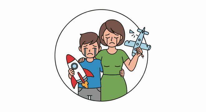 Sad child and mother holding broken toys, a rocket and airplane