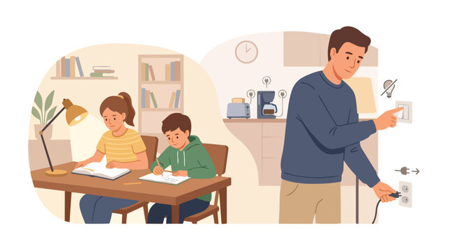 Family saving energy at home, children studying under desk lamp while father turns off light and unplugs appliances to combat rising utility costs and inflation