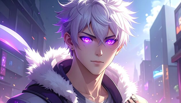A young man with white hair and purple eyes in a city