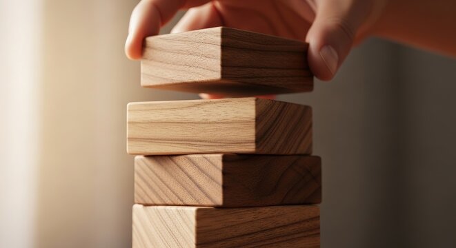 Hand places top wooden block on stack of four, demonstrating concept of growth, stability, and construction with natural materials in warm light.