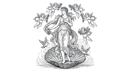 Venus Birth Mythology Illustration, Goddess on Seashell, Cherubs Flying, Vintage Art © mus