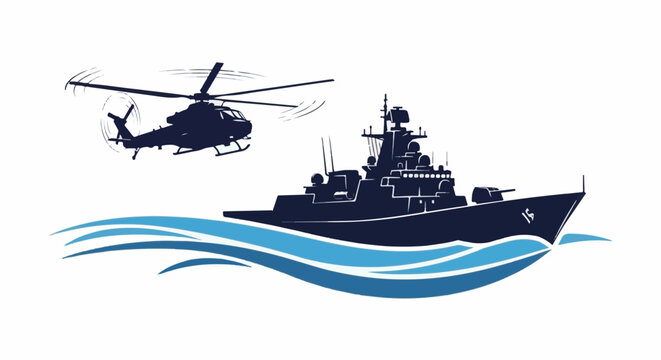 Silhouette of a military helicopter flying above a naval warship on blue waves
