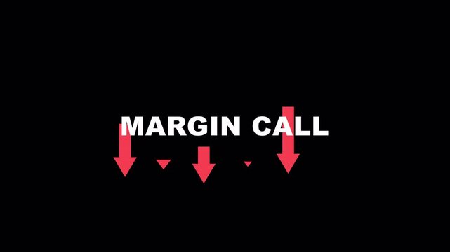 Animated Margin Call Glitch Text with Downward Arrows. Financial Trading Risk Motion Graphic on Alpha Channel.