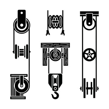 Set of Pulley Systems Icons: Simple, Compound, and Block and Tackle