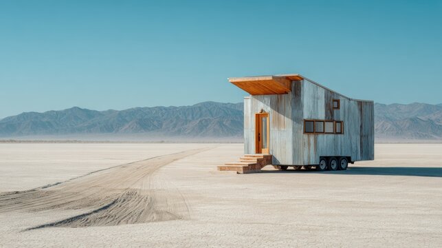 A rustic tiny house on wheels sits alone in a vast desert landscape with mountains in the background under a clear blue sky.