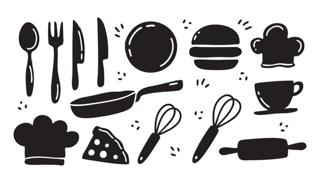 Hand drawn kitchen utensils and fast food doodle set. Icons featuring a chef hat, frying pan, pizza, burger, and coffee cup.