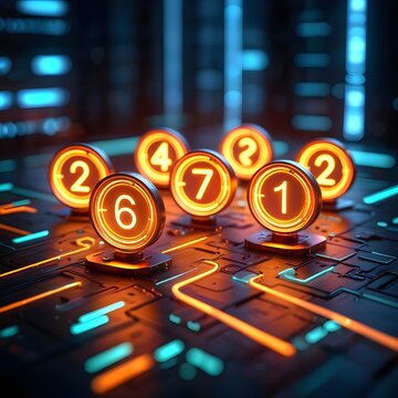 Digital Countdown: A captivating digital display showcases the numbers from a futuristic perspective, illuminated in vibrant neon hues against a circuit board-inspired background.