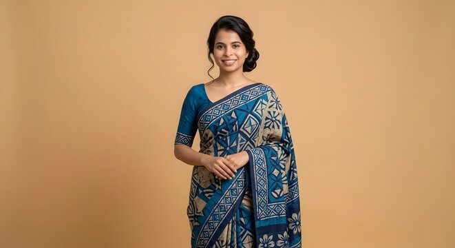 A Graceful Portrait of a South Asian Woman wearing a Blue Batik Saree with Traditional Patterns.