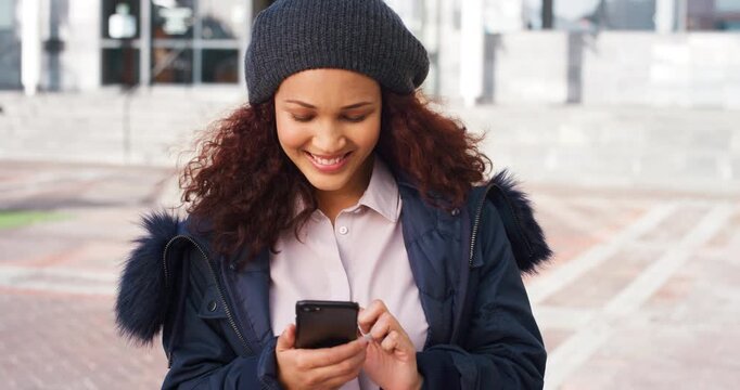 Student, woman and laugh on college campus with phone, text message joke and scroll for social media. Happy, person and typing outdoor at university with tech, mobile app or internet for online meme.