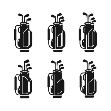 Set of Six Black Golf Bags with Clubs, Isolated on White Background, Top View