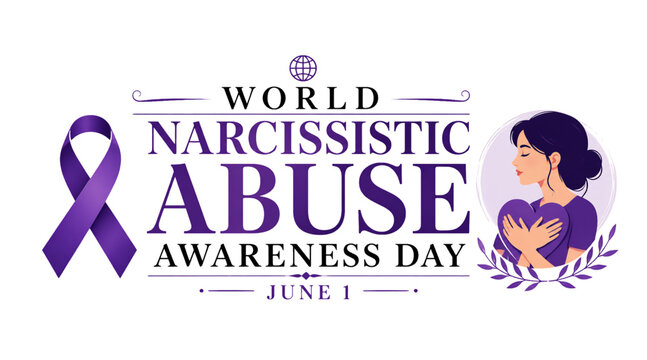 World Narcissistic Abuse Awareness Day vector illustration with purple ribbon, self compassion woman and emotional healing support concept isolated background