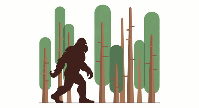 Silhouette of Bigfoot walking through a forest of stylized trees