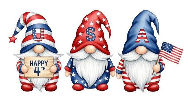 Happy independence day usa 4th of july patriotic gnome illustration set