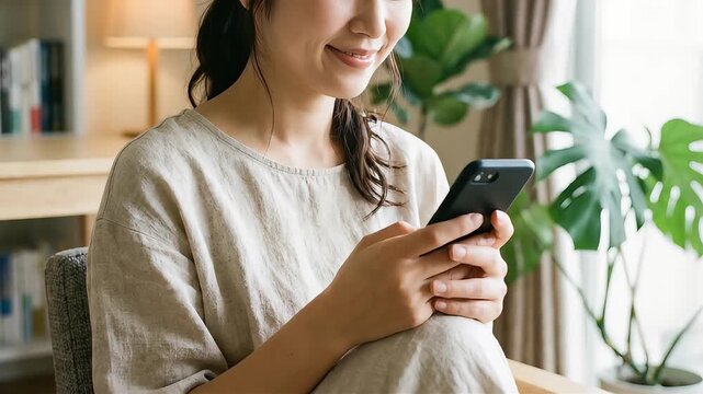 ソファでリラックスしながらスマホを楽しむカジュアルな女性