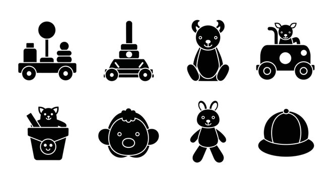 Set of Black Icons: Baby Toys, Stacking Rings, Teddy Bear, Toy Car, Cat in Bucket, Monkey Face, Bunny, Hat