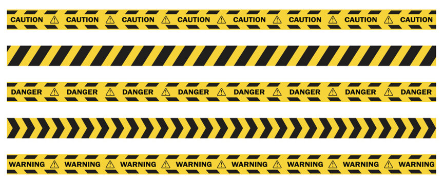 Caution and Danger Tape Collection with Yellow Black Warning Barrier Elements.