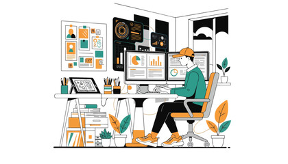 Fototapeta premium Office worker, modern workspace, business professional, desk setup, illustration