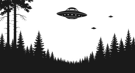 UFOs Flying Over Pine Forest Silhouette, Alien Invasion Concept © nongko