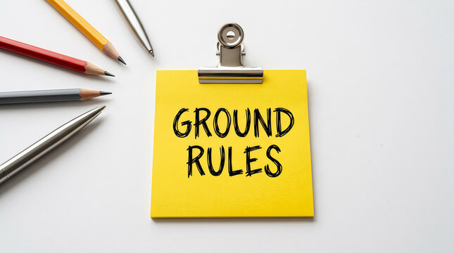 Yellow sticky note with ground rules text pinned to surface with pencils